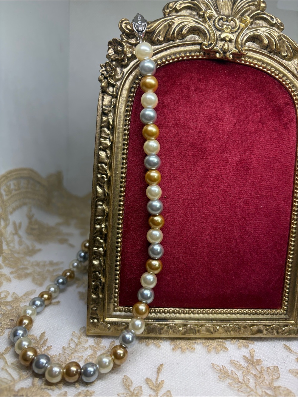 Vintage Estate Faux Pearl Necklace 925 Clasp Old Hollywood Champagne Silver 16”